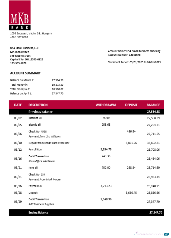 Download Hungary MKB bank business account statement Word and PDF template Photoshop template